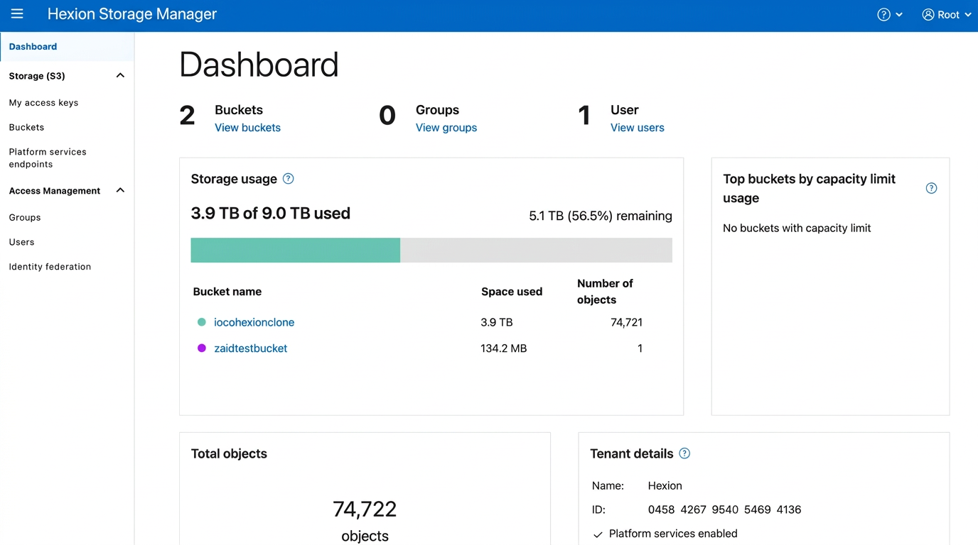 Hexion Storage Manager dashboard showing buckets, storage usage and tenant details